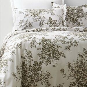 Garnet Hill Queen Green Toile Floral Flannel Duvet & 2 Shams NEW NEVER USED